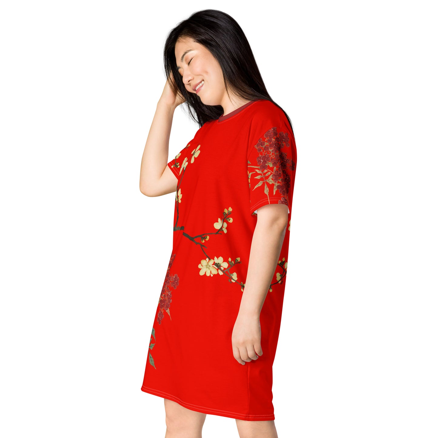 The Spirit of Flowers in Twelve Months｜Blooming Wintersweet and Heavenly Bamboo｜T-shirt dress｜Garnet red