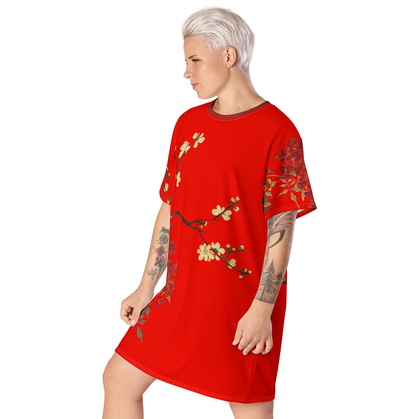 The Spirit of Flowers in Twelve Months｜Blooming Wintersweet and Heavenly Bamboo｜T-shirt dress｜Garnet red