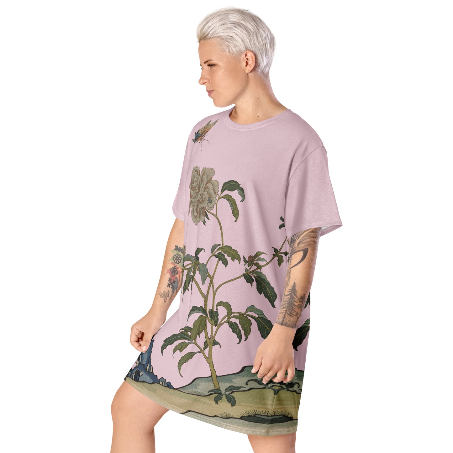 タペストリーの花｜Peonies and Butterfly｜Tシャツドレス｜Pale pinkish gray