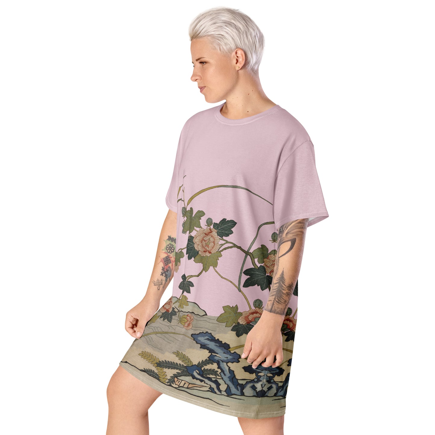 Kesi Flower Album｜Hibiscus by the Water｜T-shirt dress｜Pale pinkish gray