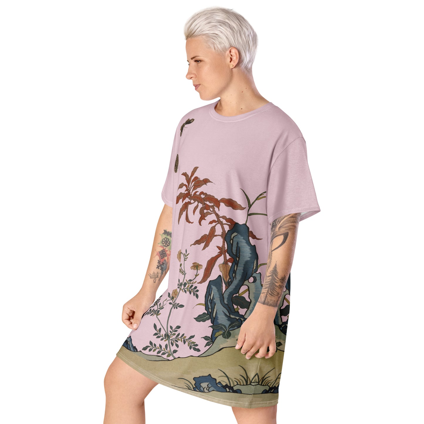 Kesi Flower Album｜Butterflies and Flowers｜T-shirt dress｜Pale pinkish gray