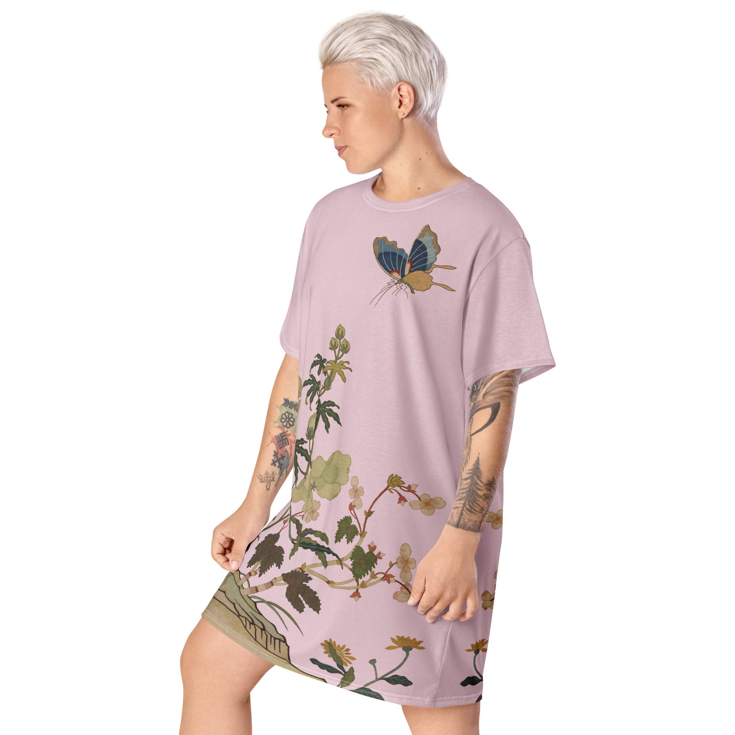 Kesi Flower Album｜Hibiscus and Begonia Blossoms｜T-shirt dress｜Pale pinkish gray