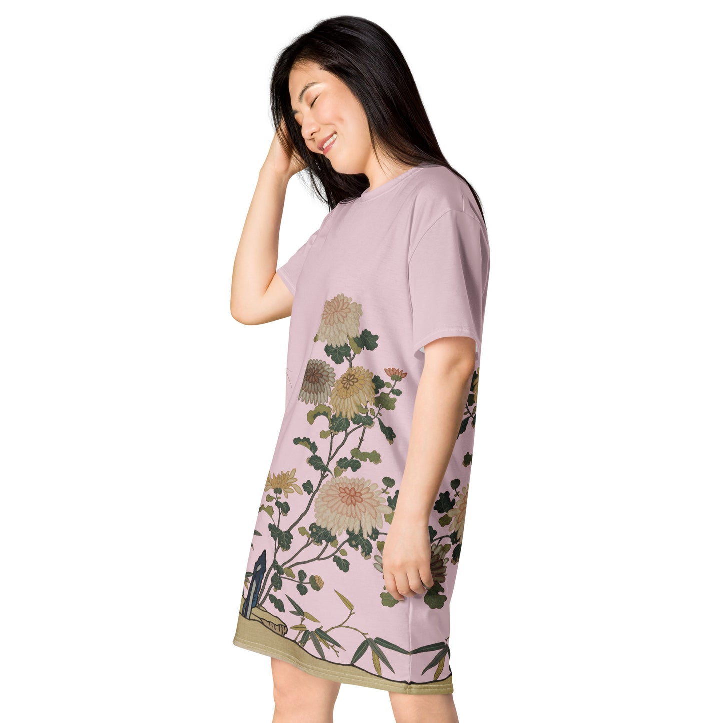 Kesi Flower Album｜Chrysanthemums and Butterflies｜T-shirt dress｜Pale pinkish gray