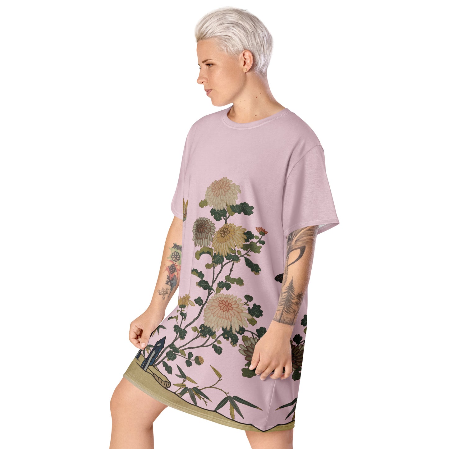 Kesi Flower Album｜Chrysanthemums and Butterflies｜T-shirt dress｜Pale pinkish gray