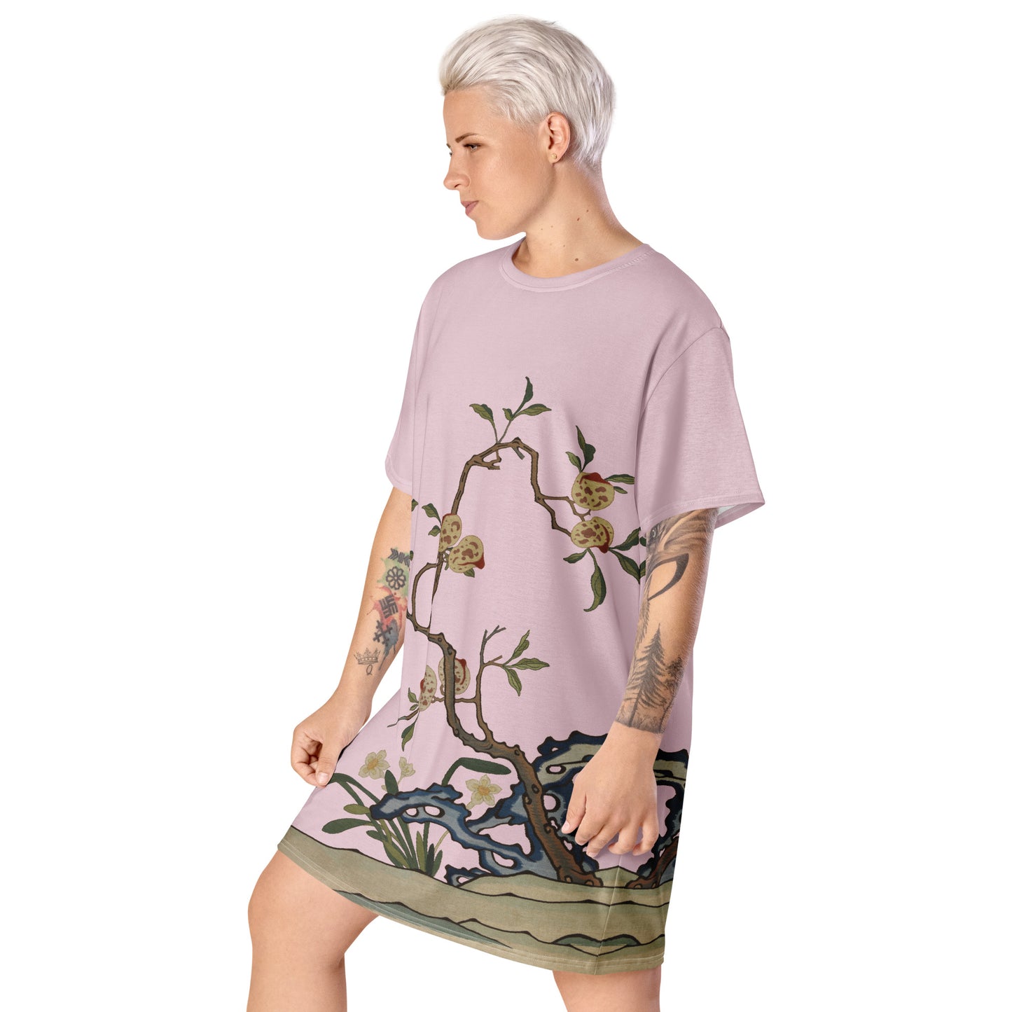 Kesi Flower Album｜Narcissus and Peaches｜T-shirt dress｜Pale pinkish gray