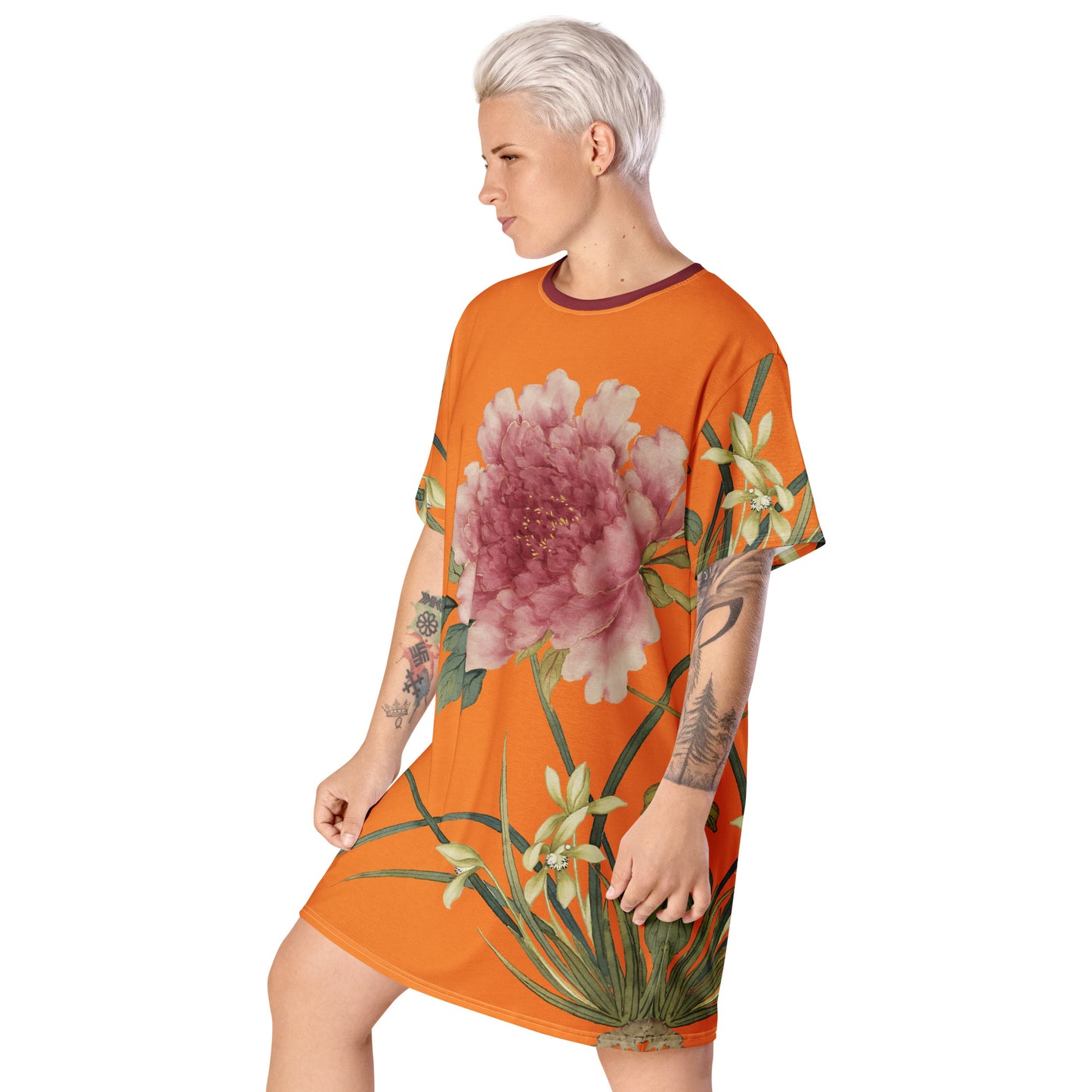 The Spirit of Flowers in Twelve Months｜Orchid and Tree Peony in Bloom｜T-shirt dress｜Orange