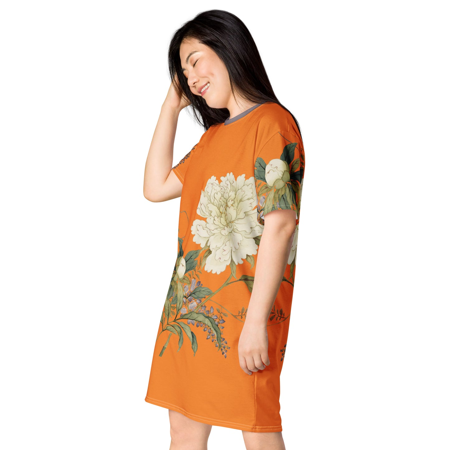 The Spirit of Flowers in Twelve Months｜Chinese Peony and Wisteria in Bloom｜T-shirt dress｜Orange