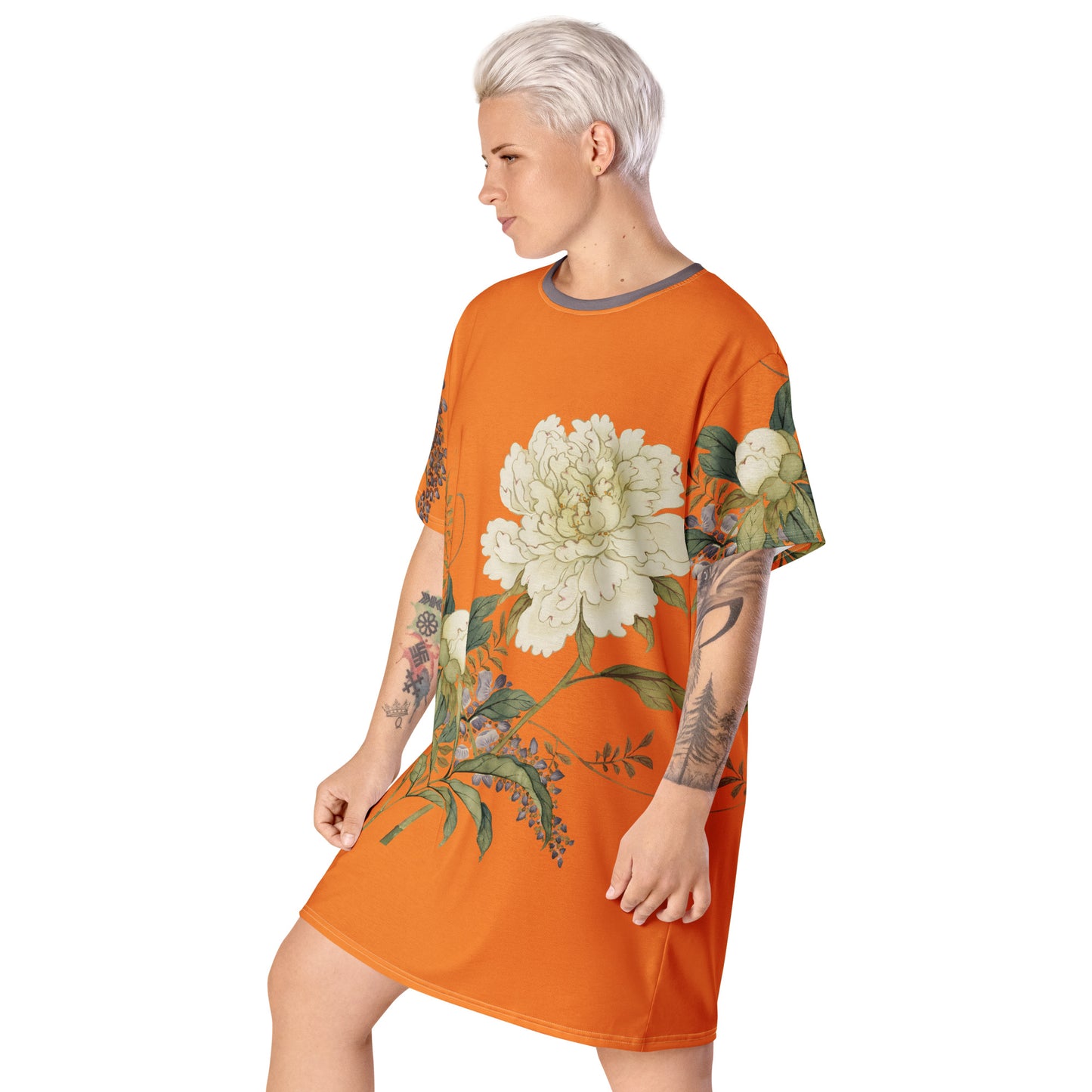 The Spirit of Flowers in Twelve Months｜Chinese Peony and Wisteria in Bloom｜T-shirt dress｜Orange