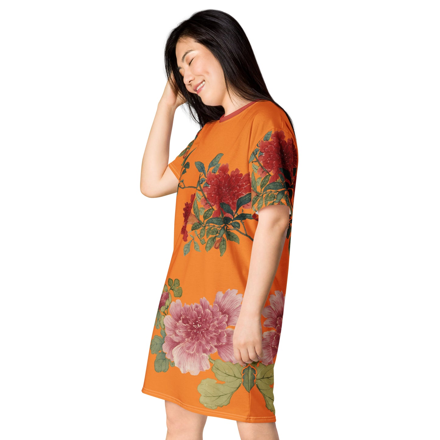 The Spirit of Flowers in Twelve Months｜Hollyhock and Pomegranate in Bloom｜T-shirt dress｜Orange