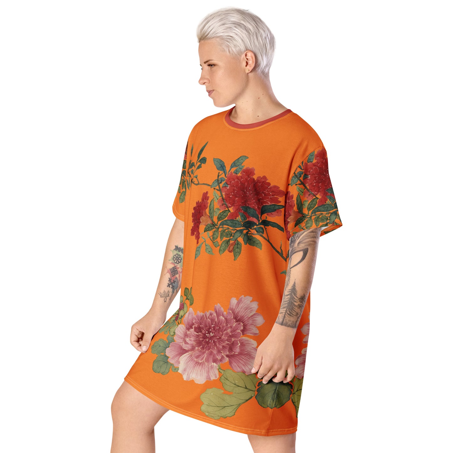 The Spirit of Flowers in Twelve Months｜Hollyhock and Pomegranate in Bloom｜T-shirt dress｜Orange