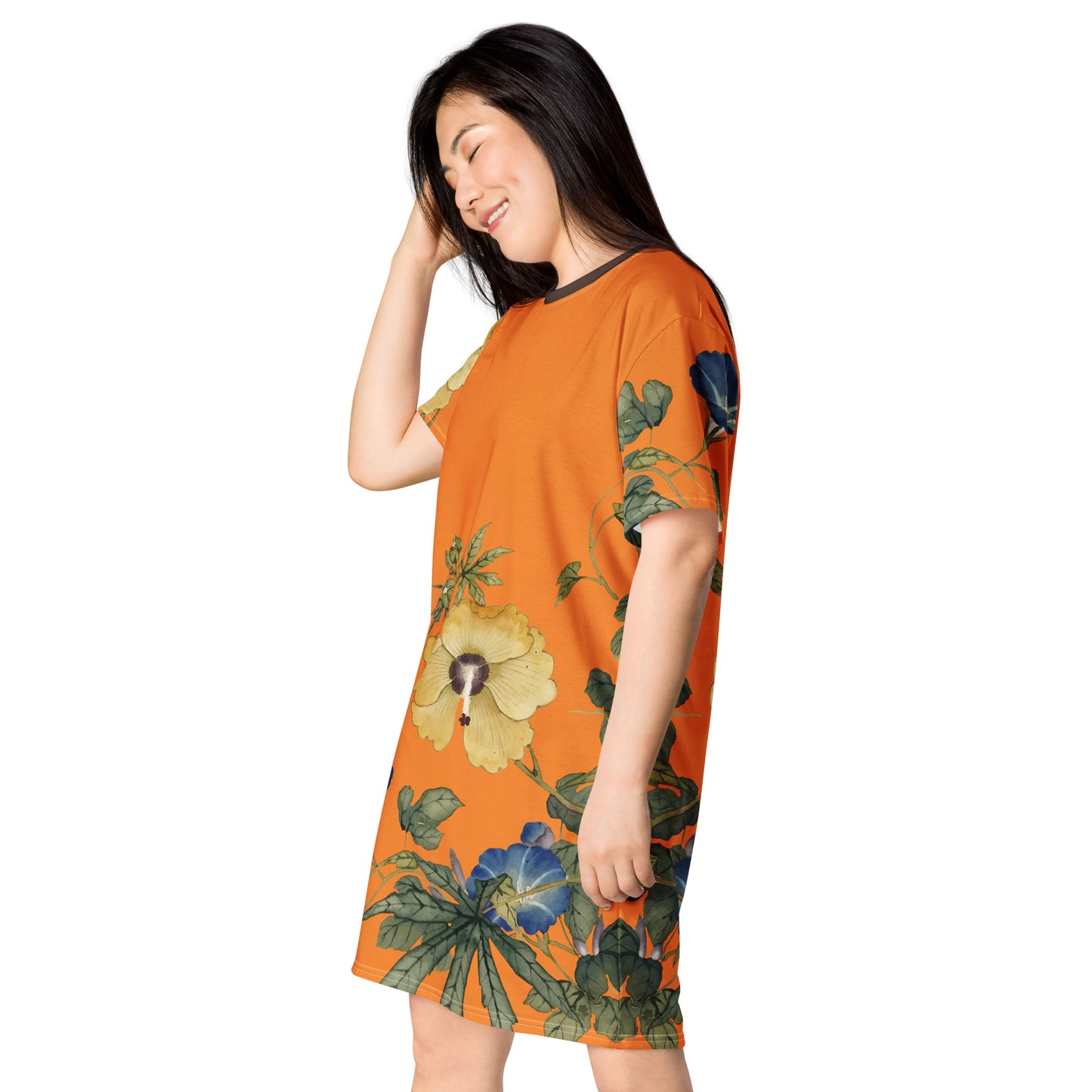 The Spirit of Flowers in Twelve Months｜Okra and White-edged Morning Glory in Bloom｜T-shirt dress｜Orange