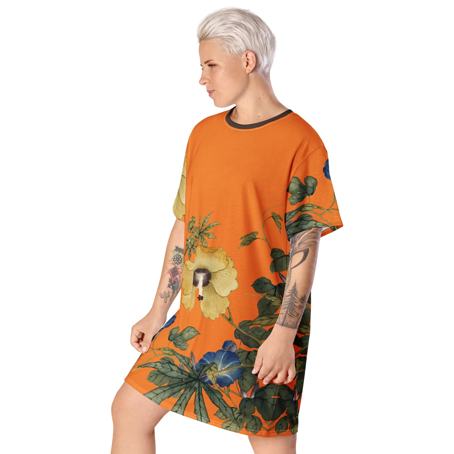 The Spirit of Flowers in Twelve Months｜Okra and White-edged Morning Glory in Bloom｜T-shirt dress｜Orange