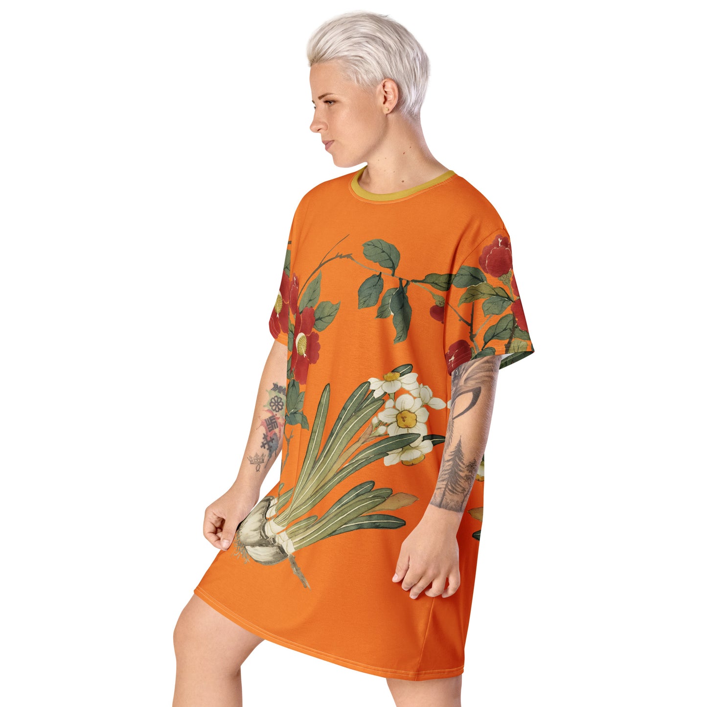 The Spirit of Flowers in Twelve Months｜Narcissus and Camelia in Bloom｜T-shirt dress｜Orange