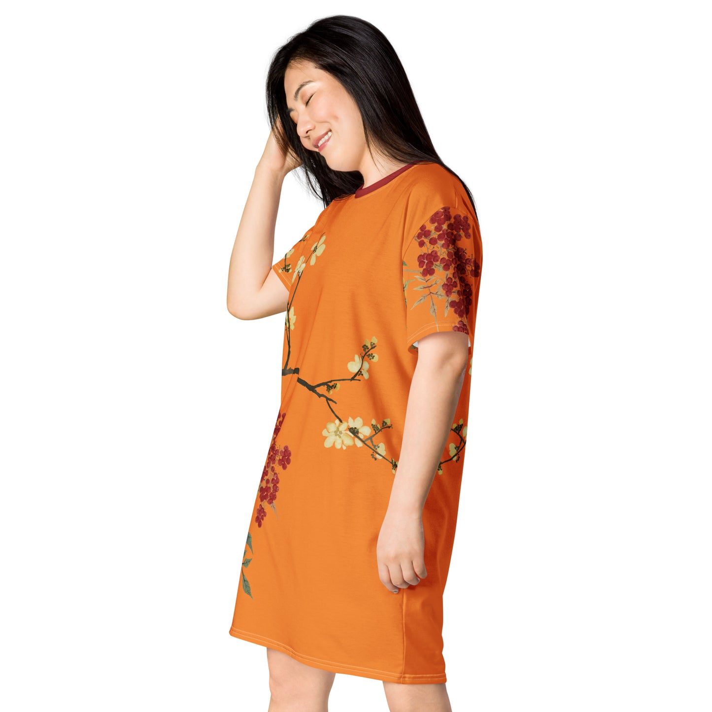 The Spirit of Flowers in Twelve Months｜Blooming Wintersweet and Heavenly Bamboo｜T-shirt dress｜Orange