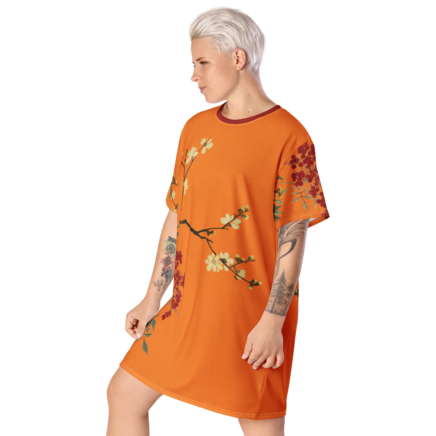 The Spirit of Flowers in Twelve Months｜Blooming Wintersweet and Heavenly Bamboo｜T-shirt dress｜Orange