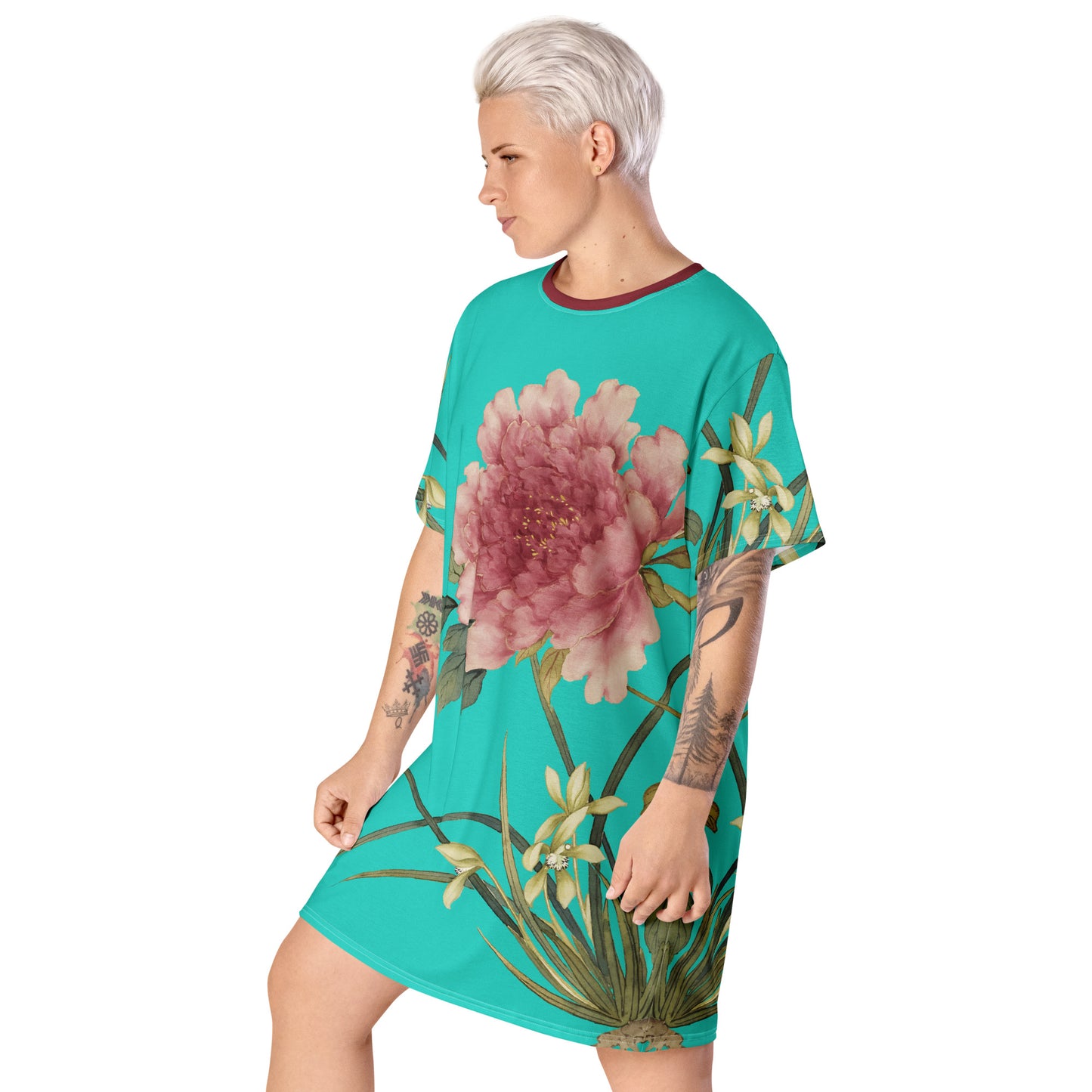 The Spirit of Flowers in Twelve Months｜Orchid and Tree Peony in Bloom｜T-shirt dress｜Turquoise