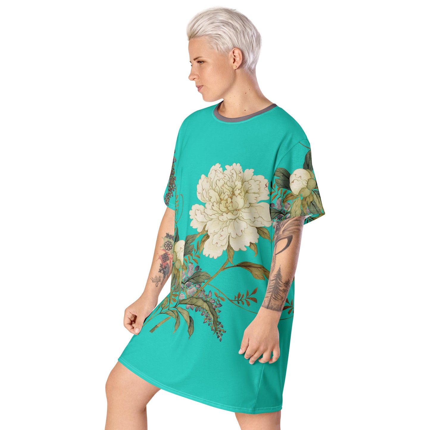 The Spirit of Flowers in Twelve Months｜Chinese Peony and Wisteria in Bloom｜T-shirt dress｜Turquoise