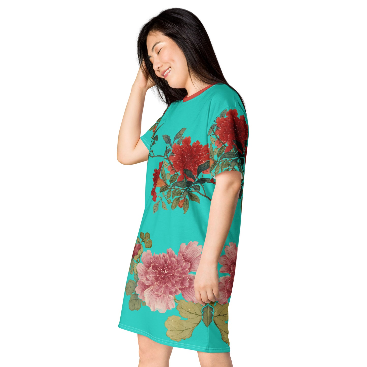 The Spirit of Flowers in Twelve Months｜Hollyhock and Pomegranate in Bloom｜T-shirt dress｜Turquoise