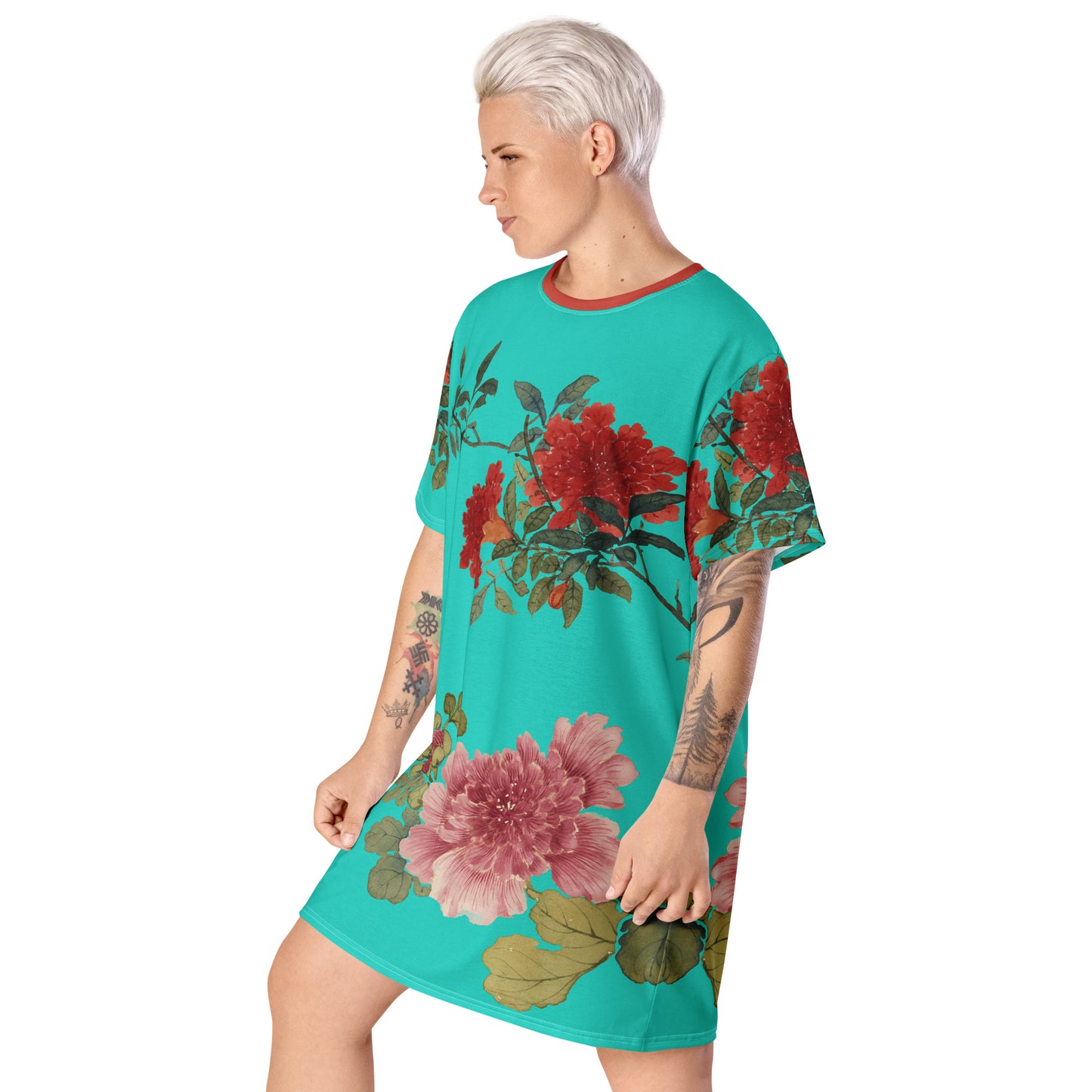 The Spirit of Flowers in Twelve Months｜Hollyhock and Pomegranate in Bloom｜T-shirt dress｜Turquoise