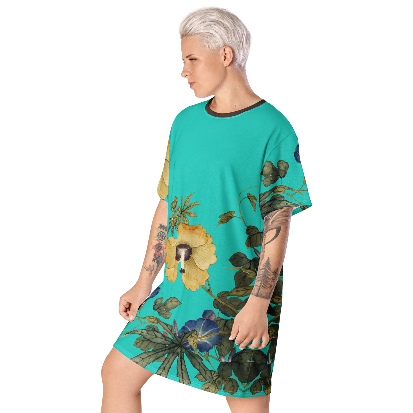 The Spirit of Flowers in Twelve Months｜Okra and White-edged Morning Glory in Bloom｜T-shirt dress｜Turquoise