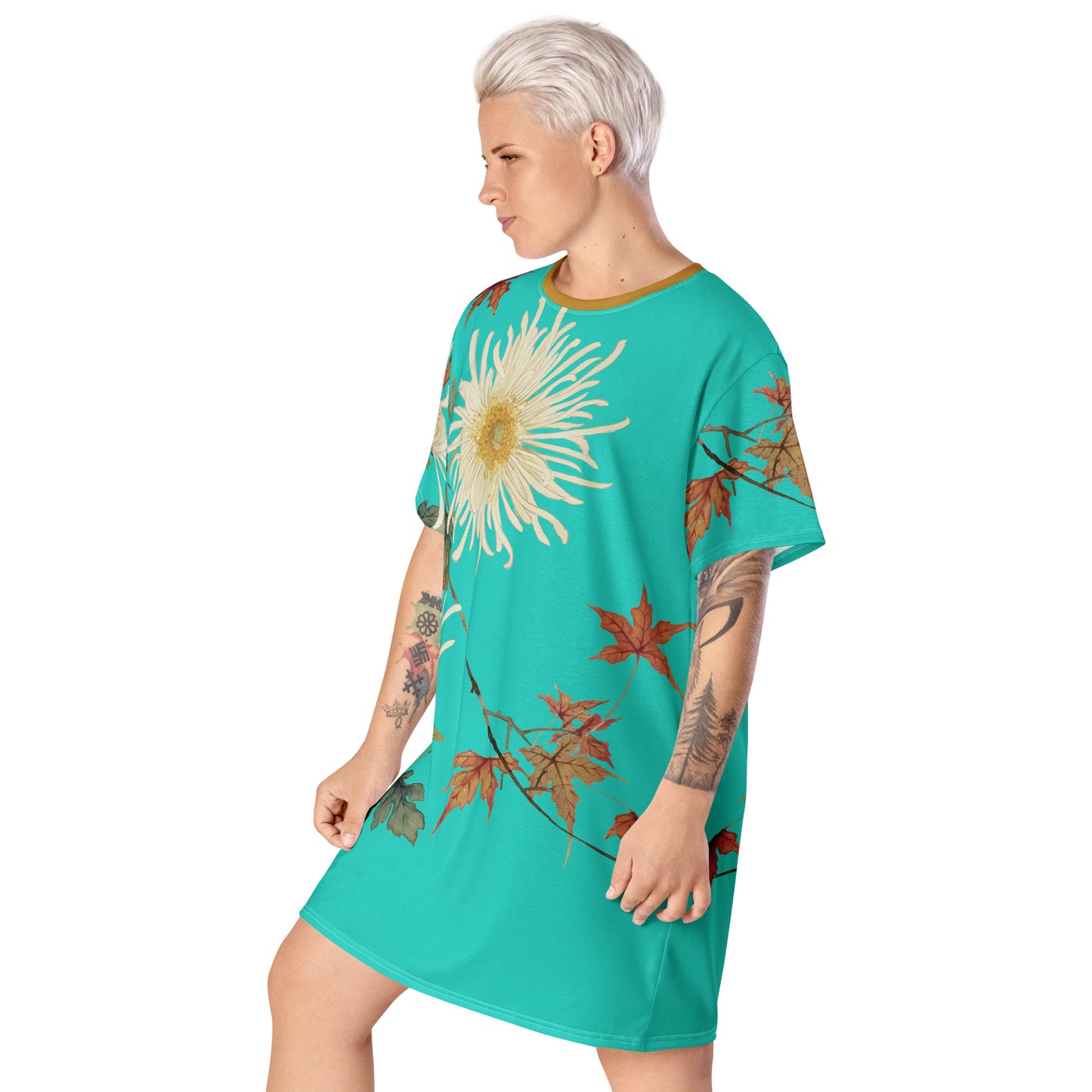 The Spirit of Flowers in Twelve Months｜Blooming Chrysanthemum and Maple Leaves｜T-shirt dress｜Turquoise