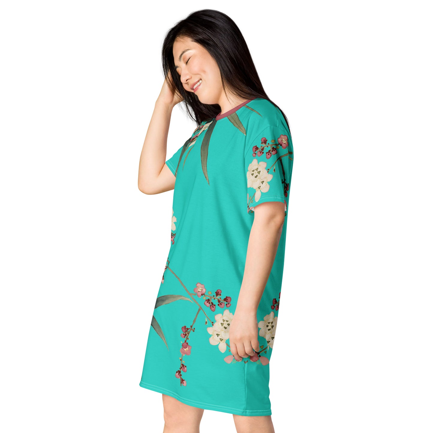 The Spirit of Flowers in Twelve Months｜Crimson Plum Blossom and Lush Green Bamboo｜T-shirt dress｜Turquoise