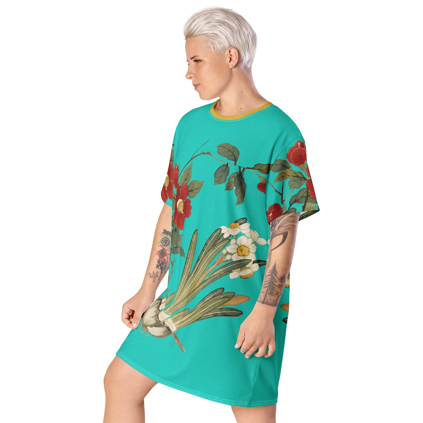 The Spirit of Flowers in Twelve Months｜Narcissus and Camelia in Bloom｜T-shirt dress｜Turquoise