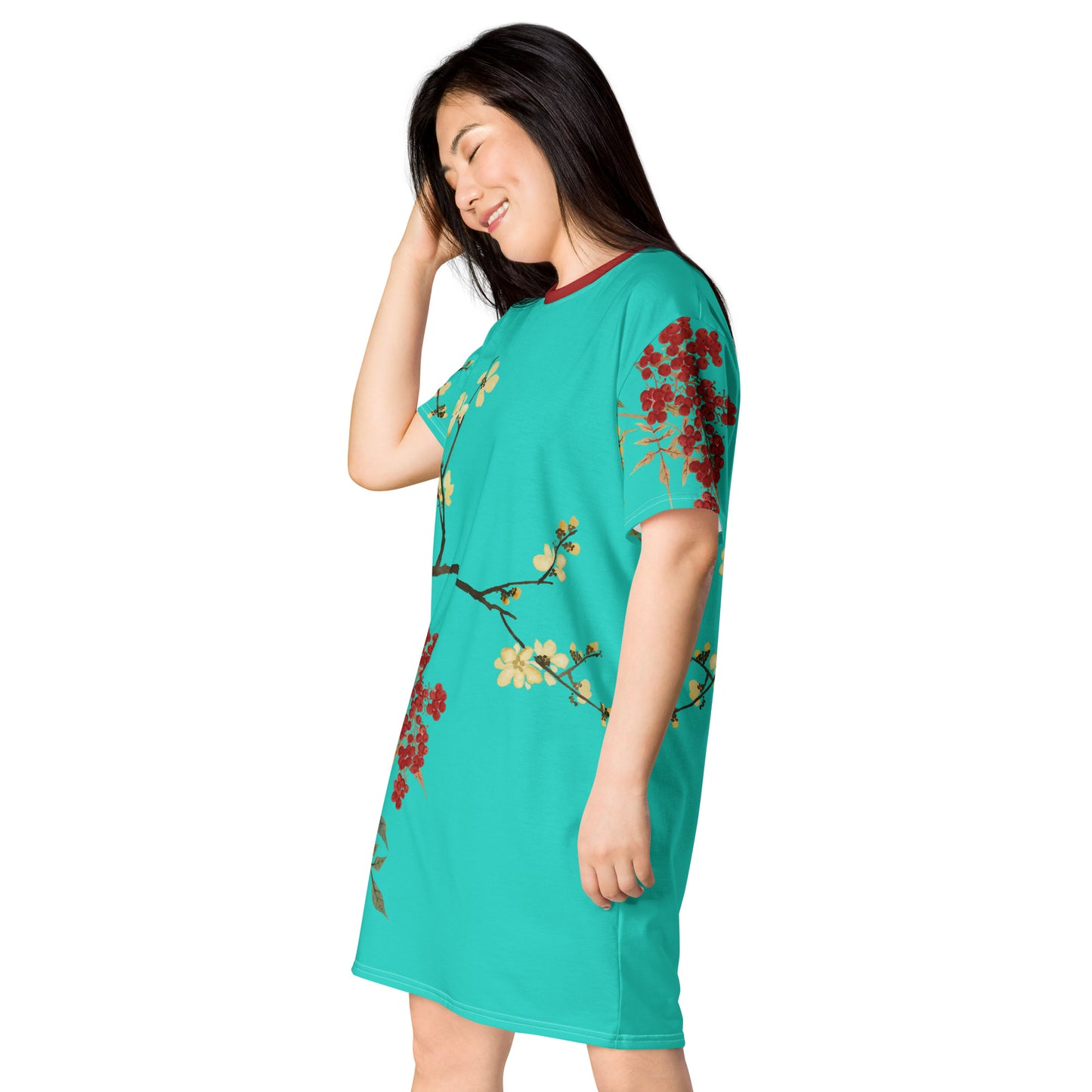 The Spirit of Flowers in Twelve Months｜Blooming Wintersweet and Heavenly Bamboo｜T-shirt dress｜Turquoise