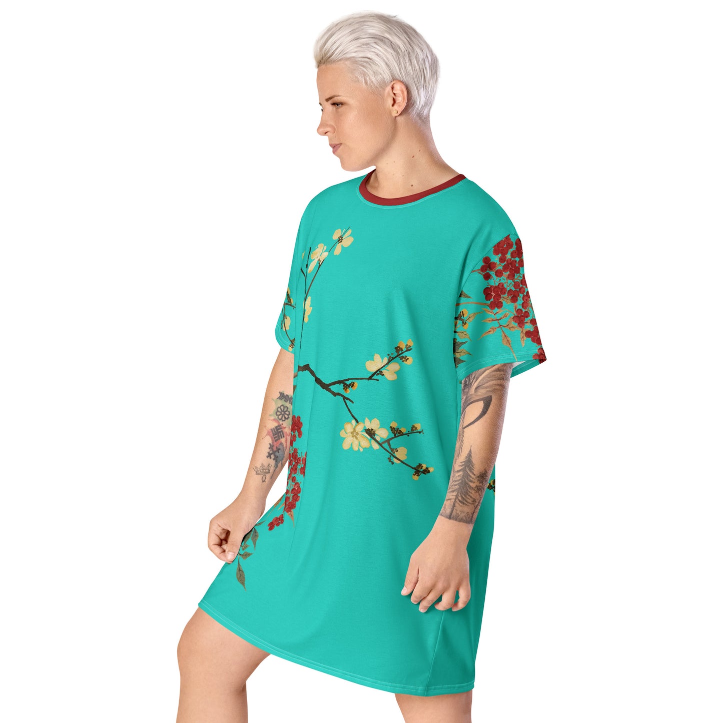 The Spirit of Flowers in Twelve Months｜Blooming Wintersweet and Heavenly Bamboo｜T-shirt dress｜Turquoise