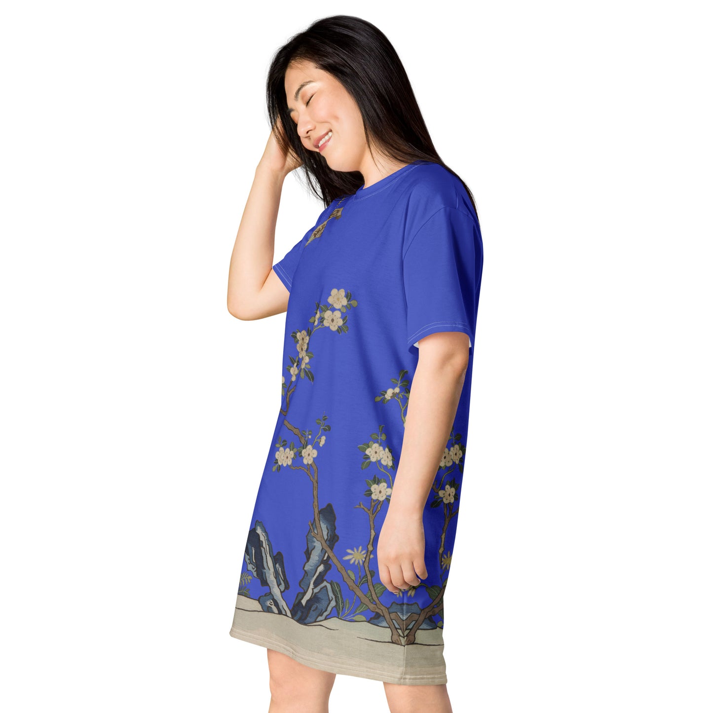 Kesi Flower Album｜White Plum Blossoms and Butterfly｜T-shirt dress｜Royal blue