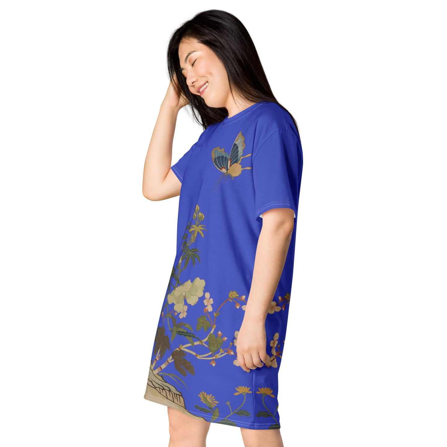 Kesi Flower Album｜Hibiscus and Begonia Blossoms｜T-shirt dress｜Royal blue