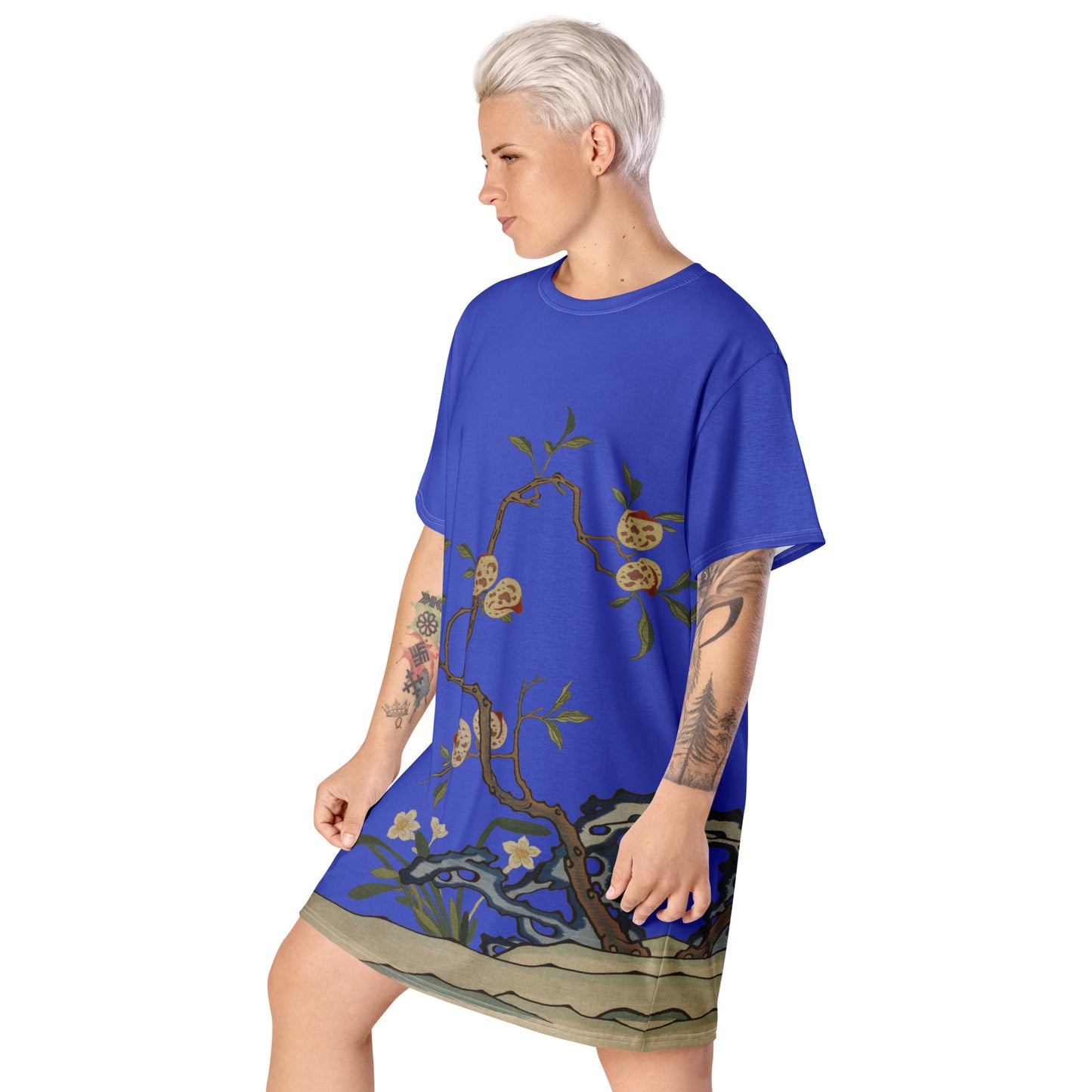 Kesi Flower Album｜Narcissus and Peaches｜T-shirt dress｜Royal blue