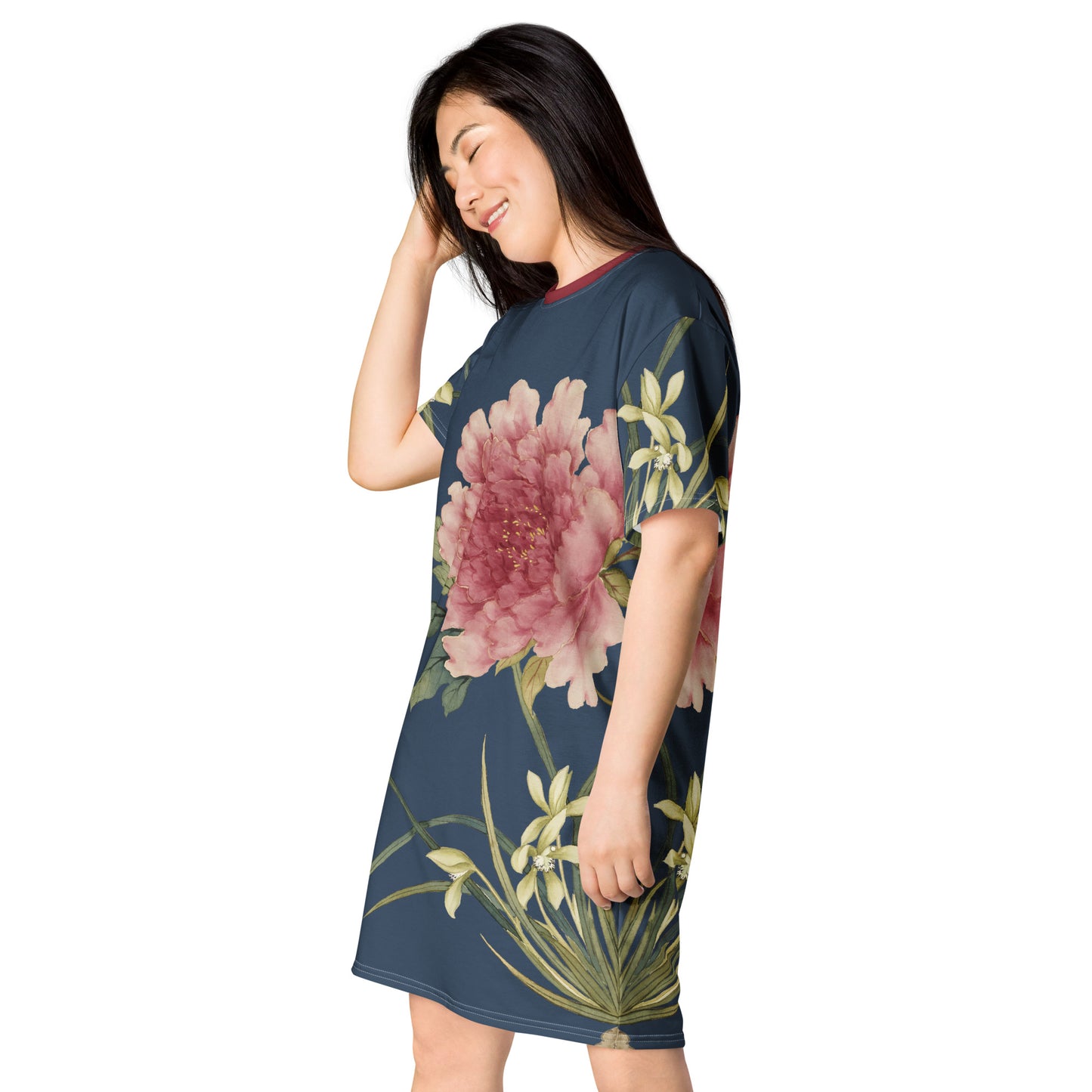 The Spirit of Flowers in Twelve Months｜Orchid and Tree Peony in Bloom｜T-shirt dress｜Dark blue