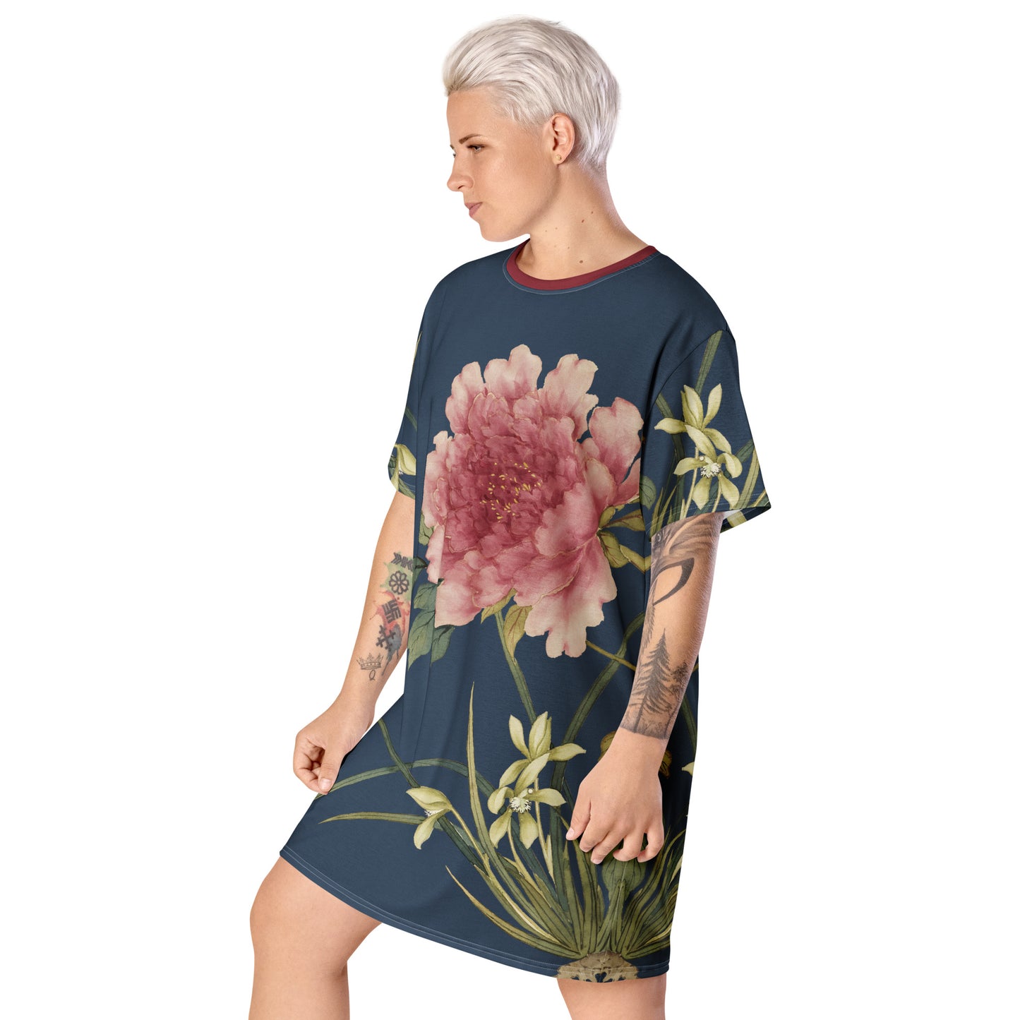 The Spirit of Flowers in Twelve Months｜Orchid and Tree Peony in Bloom｜T-shirt dress｜Dark blue