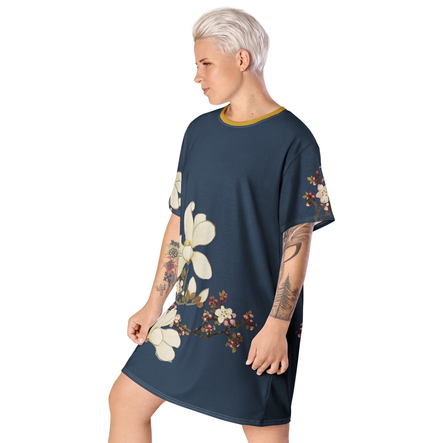 The Spirit of Flowers in Twelve Months｜Apricot and Lily Magnolia in Blossom｜T-shirt dress｜Dark blue