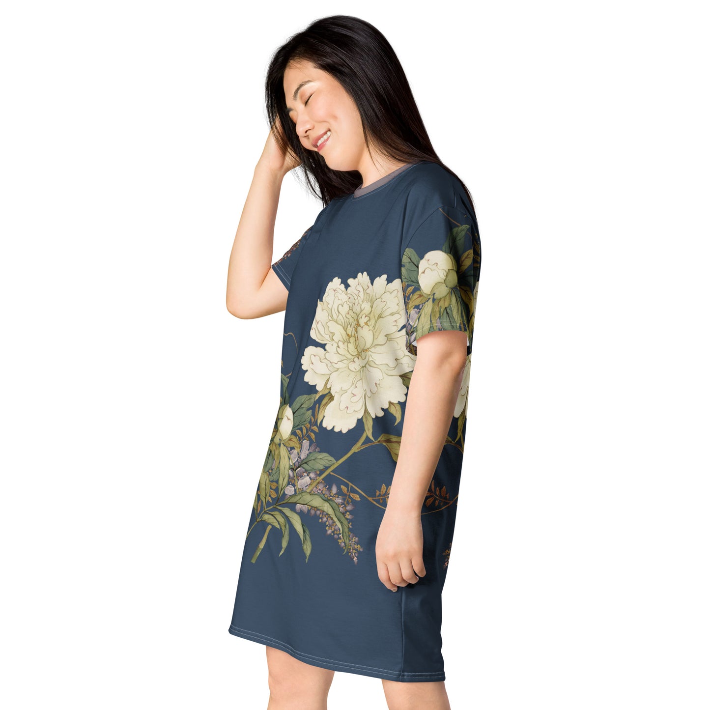 12月の花神様｜Chinese Peony and Wisteria in Bloom｜Tシャツドレス｜Dark blue