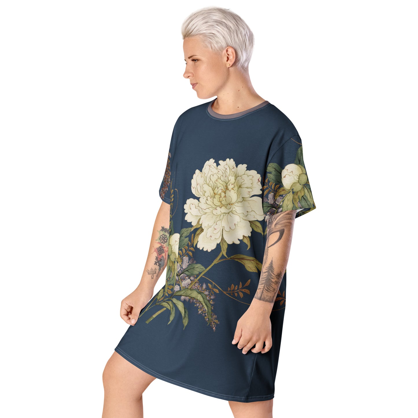 The Spirit of Flowers in Twelve Months｜Chinese Peony and Wisteria in Bloom｜T-shirt dress｜Dark blue