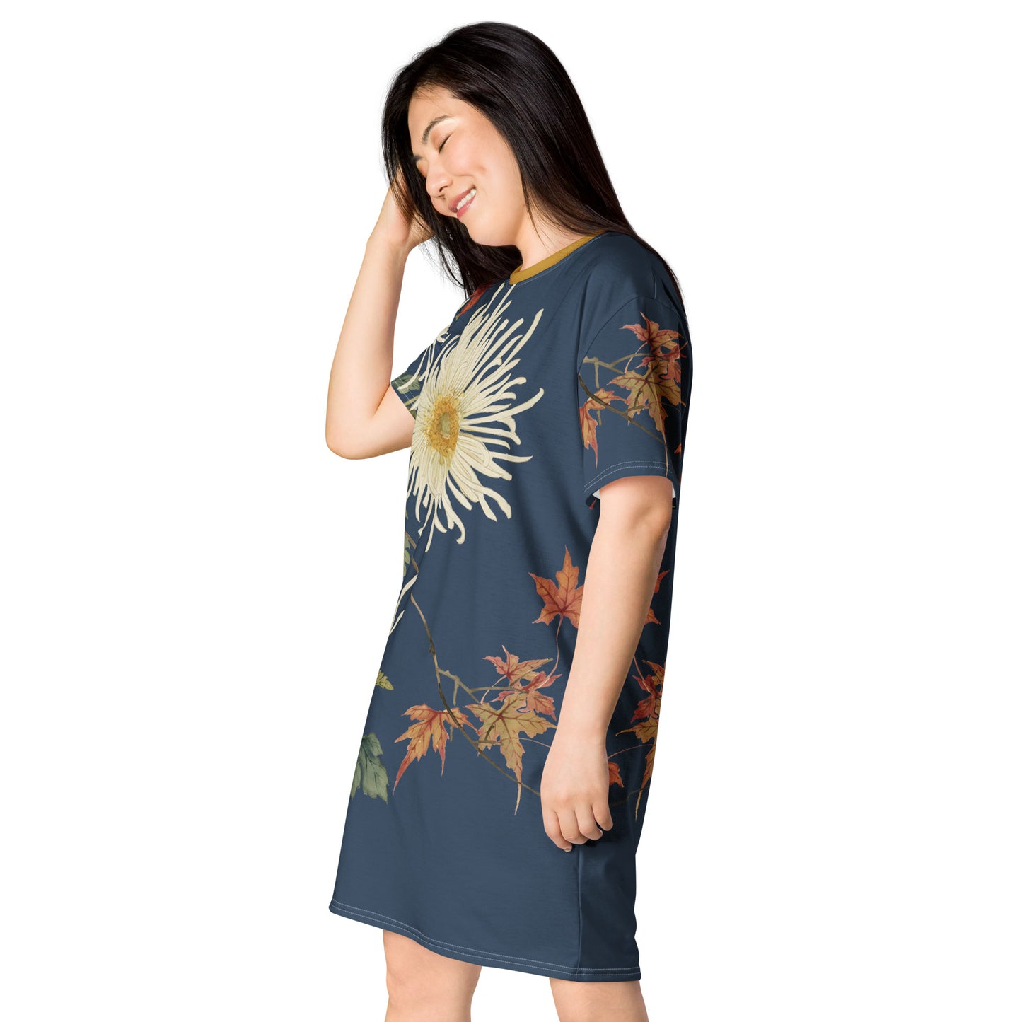 12月の花神様｜Blooming Chrysanthemum and Maple Leaves｜T-shirt dress｜Dark blue