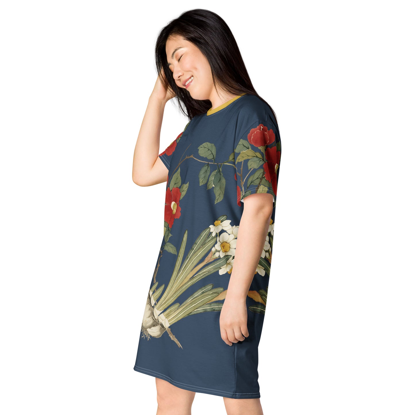 The Spirit of Flowers in Twelve Months｜Narcissus and Camelia in Bloom｜T-shirt dress｜Dark blue