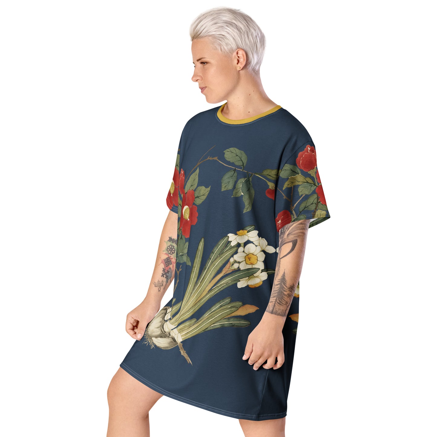 The Spirit of Flowers in Twelve Months｜Narcissus and Camelia in Bloom｜T-shirt dress｜Dark blue