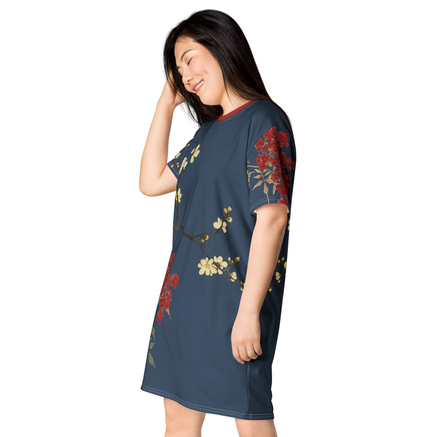 The Spirit of Flowers in Twelve Months｜Blooming Wintersweet and Heavenly Bamboo｜T-shirt dress｜Dark blue