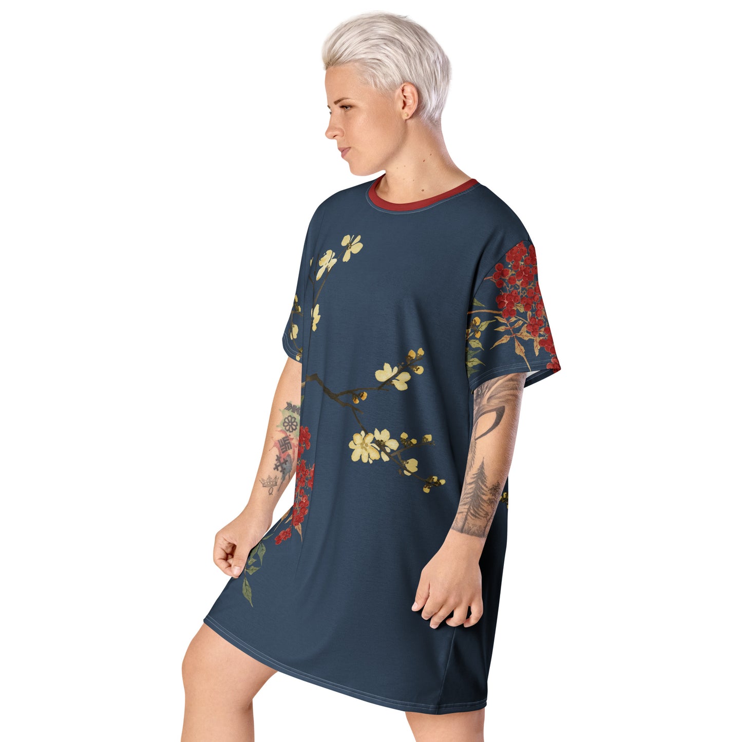 The Spirit of Flowers in Twelve Months｜Blooming Wintersweet and Heavenly Bamboo｜T-shirt dress｜Dark blue