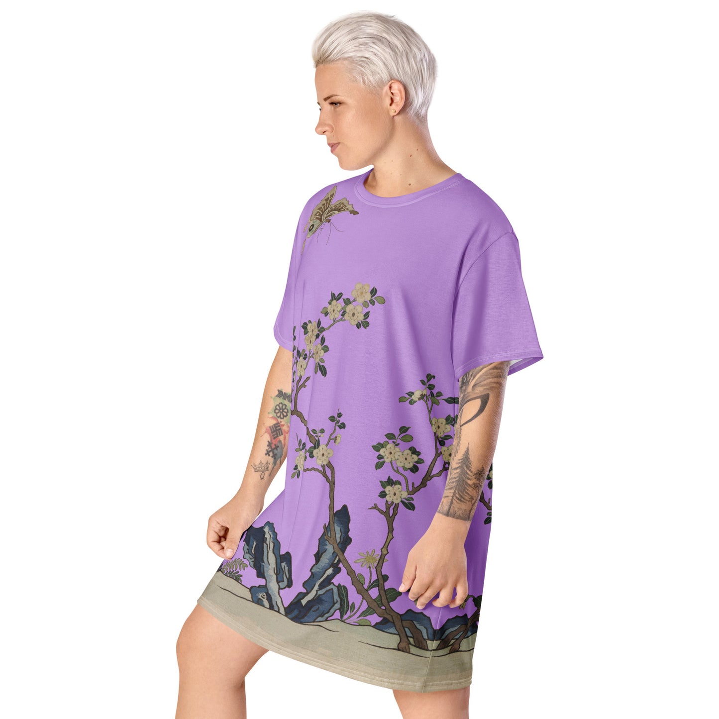 Kesi Flower Album｜White Plum Blossoms and Butterfly｜T-shirt dress｜Lilac