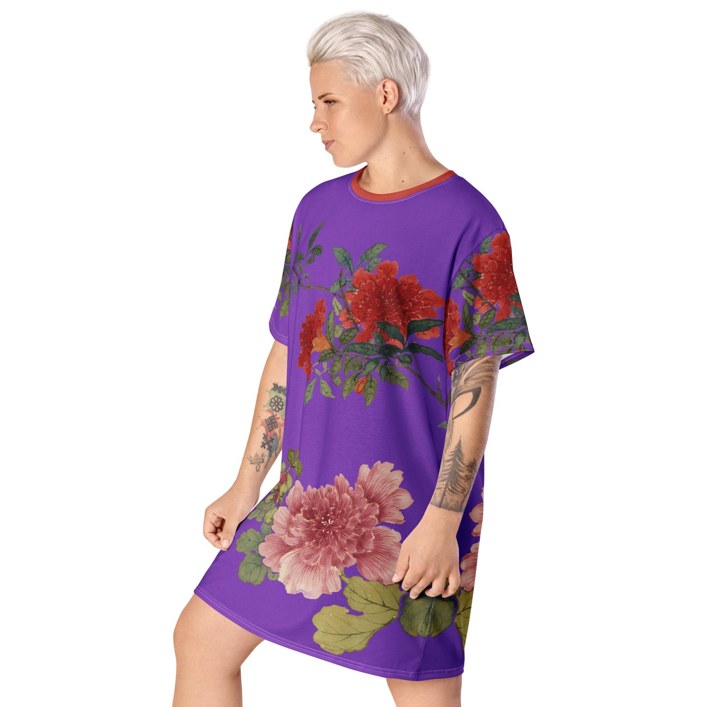 The Spirit of Flowers in Twelve Months｜Hollyhock and Pomegranate in Bloom｜T-shirt dress｜Purple