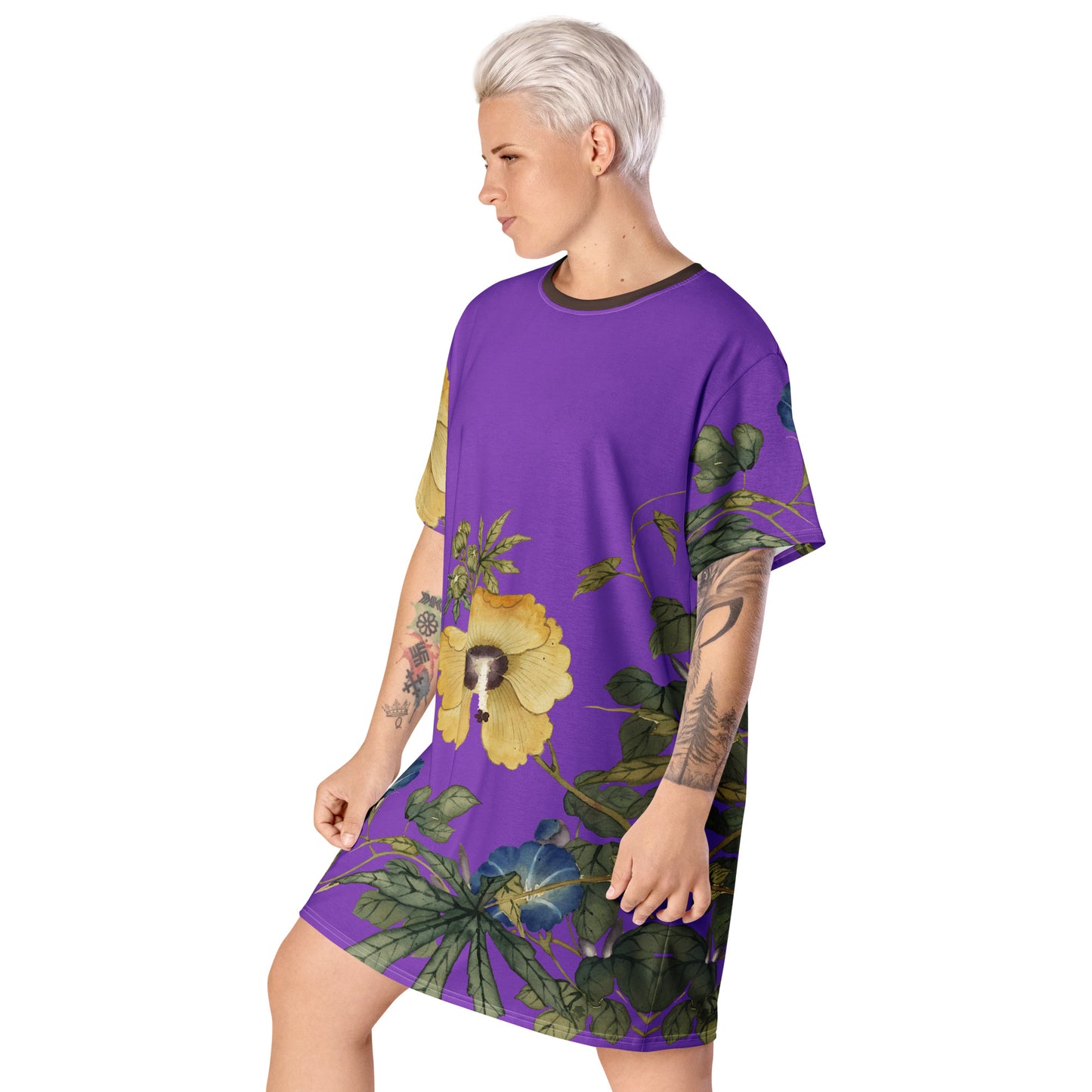 The Spirit of Flowers in Twelve Months｜Okra and White-edged Morning Glory in Bloom｜T-shirt dress｜Purple