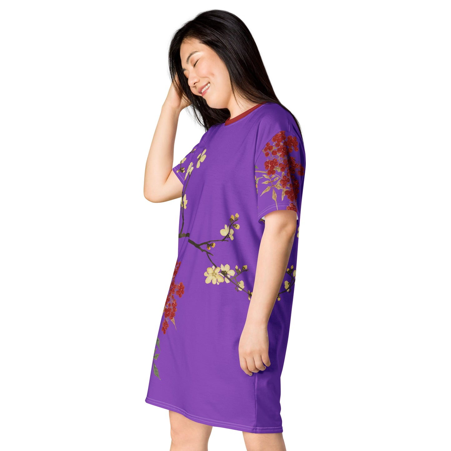 The Spirit of Flowers in Twelve Months｜Blooming Wintersweet and Heavenly Bamboo｜T-shirt dress｜Purple