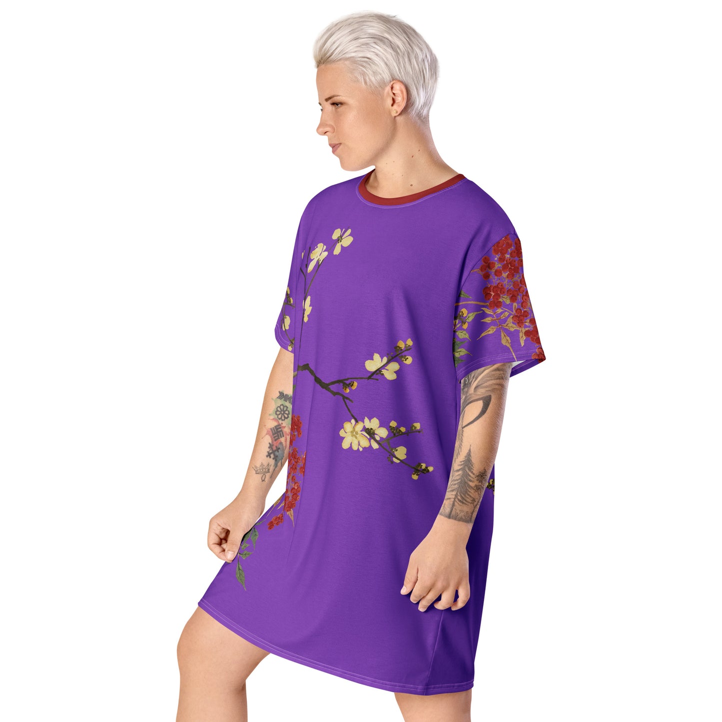 The Spirit of Flowers in Twelve Months｜Blooming Wintersweet and Heavenly Bamboo｜T-shirt dress｜Purple