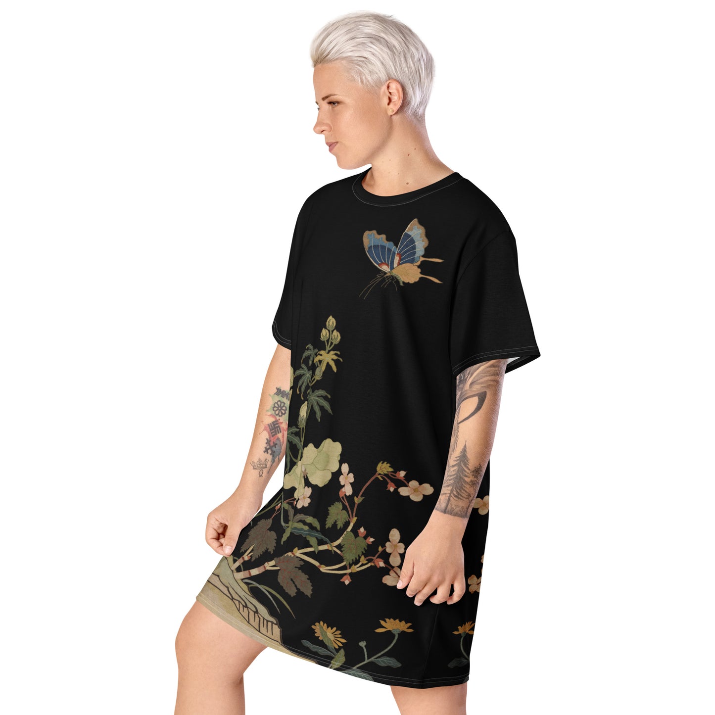 Kesi Flower Album｜Hibiscus and Begonia Blossoms｜T-shirt dress｜Black