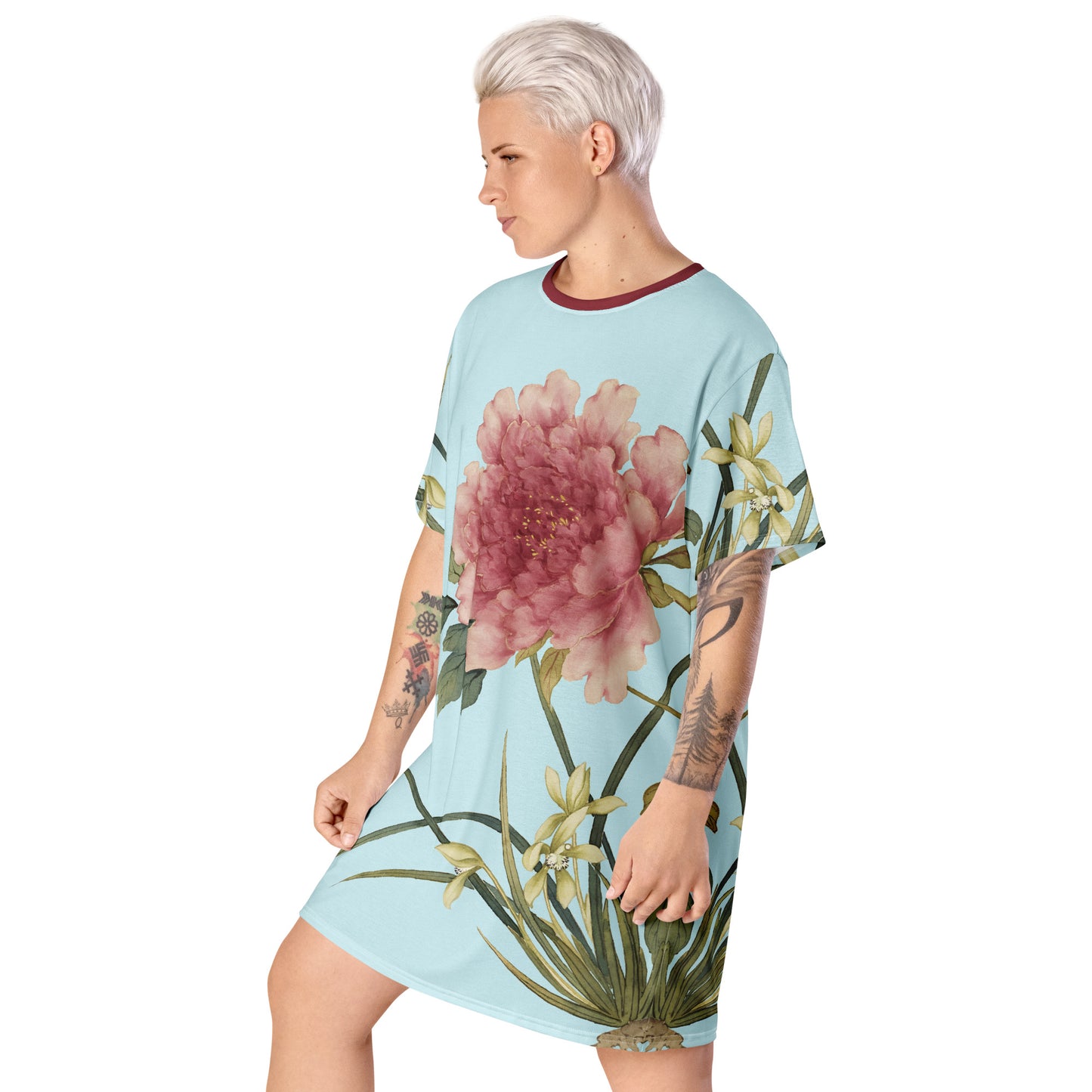 The Spirit of Flowers in Twelve Months｜Orchid and Tree Peony in Bloom｜T-shirt dress｜Aqua blue