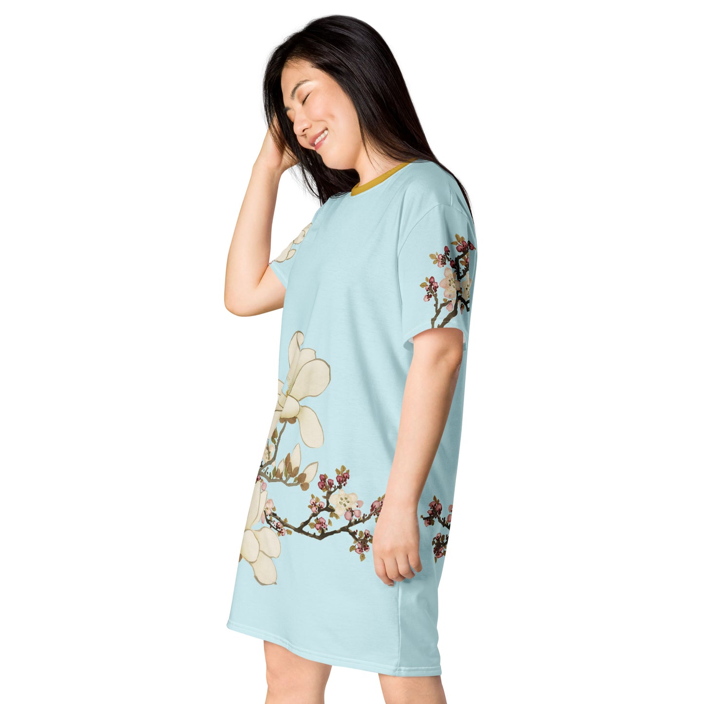 The Spirit of Flowers in Twelve Months｜Apricot and Lily Magnolia in Blossom｜T-shirt dress｜Aqua blue